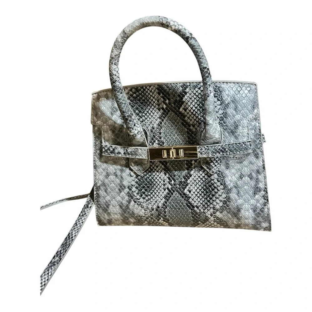 Gray Structured Satchel with Snakeskin Texture